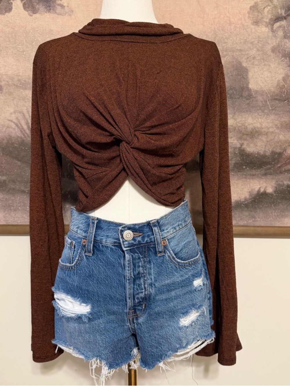 EARTHBOUND Brown Twist-Front Long Sleeve Crop Top